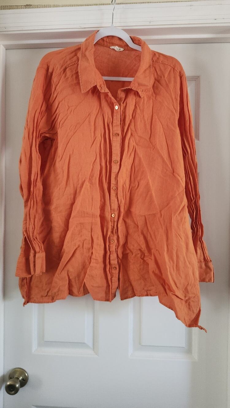 Eileen Fisher XL Orange Organic Linen Button Up Shirt Long Sleeve Tunic #345
